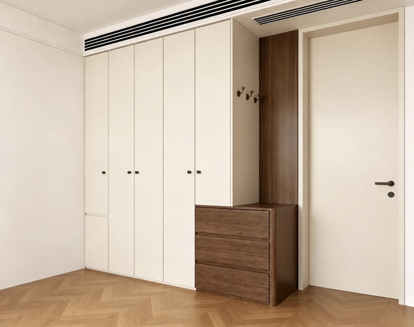 Light cabinetry with walnut details