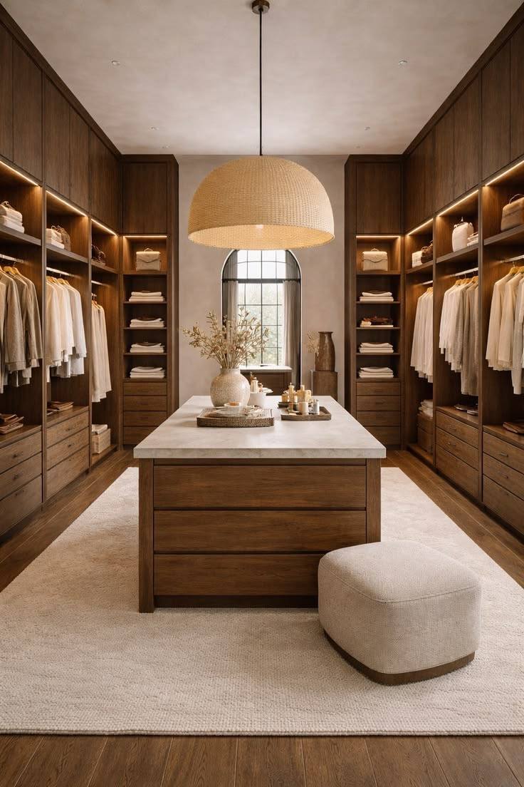 Warm walk-in closet with central island and dark timber shelving